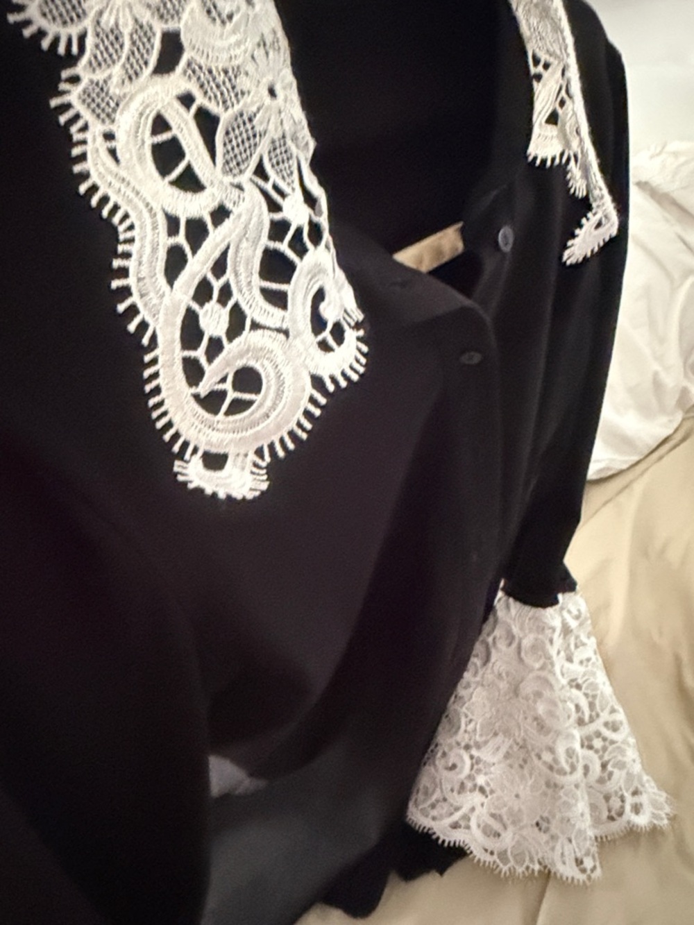 Anne Fontaine Black Button-Up Blouse with White Lace Collar & Bell Sleeves - Picture 4 of 4